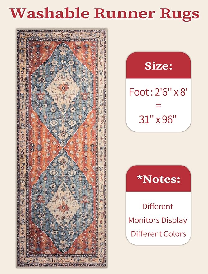 SERISSA Washable Boho Runner Rug, 2'6"x8' Non-Slip Tribal Hallway Kitchen Rug Ultra Soft Print Distressed Vintage Floor Carpet Runner for Bedroom Bathroom Laundry Living Room