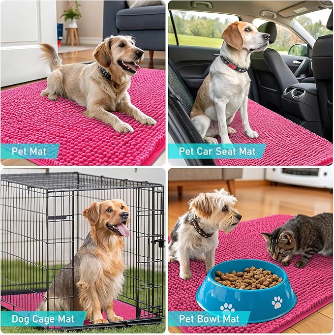 OLANLY Dog Door Mat for Muddy Paws 50x30, Absorbs Moisture and Dirt, Absorbent Non-Slip Washable Doormat, Quick Dry Chenille Mud Mat for Dogs, Entry Indoor Entryway Carpet for Inside Floor, Hot Pink