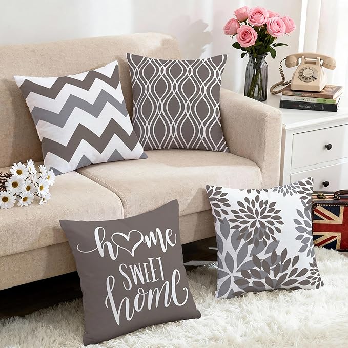 Hexagram Geometric Grey Pillow Covers 18x18 Set of 4, Decorative Outdoor Boho Modern Throw Pillow Covers, Home Sweet Home Farmhouse Cushion Case for Couch Sofa Bedroom Indoor Decor(No Insert)