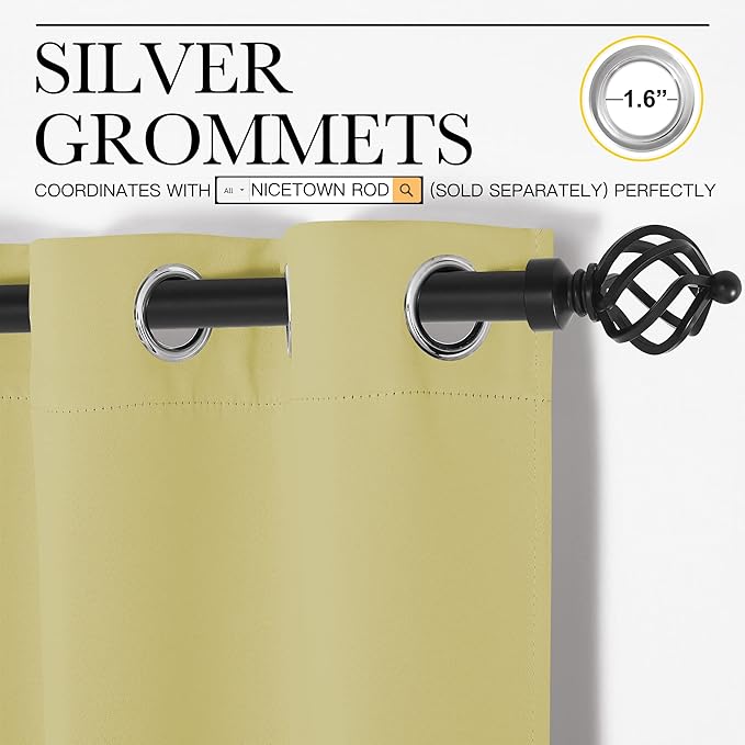 NICETOWN Bedroom Curtains Blackout Drapery Panels, 2 Panels, 70 x 108 inches, Paler Yellow, Three Pass Microfiber Thermal Insulated Solid Ring Top Blackout Window Curtains/Drapes