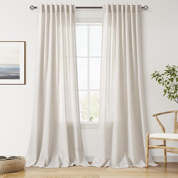Nanspring Pearl White Curtains 90 Inches Long for Living Room Linen Light Filtering Semi Sheer Curtain Back Tab Rod Pocket Coastal Decor Neutral Elegant Gray Drapes for Bedroom 52x90, 2 Panels