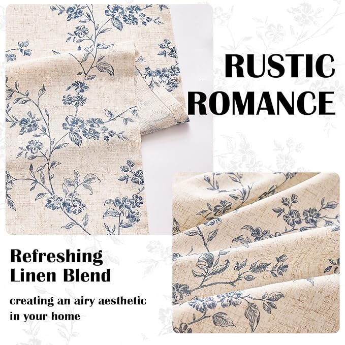 Lazzzy Blue Floral Linen Curtains 90 Inch Farmhouse Back Tab Drapes for Living Room Bedroom Light Filtering Vintage Grandmillennial Rod Pocket Curtains, 2 Panels, W38 x L90, Blue on Beige