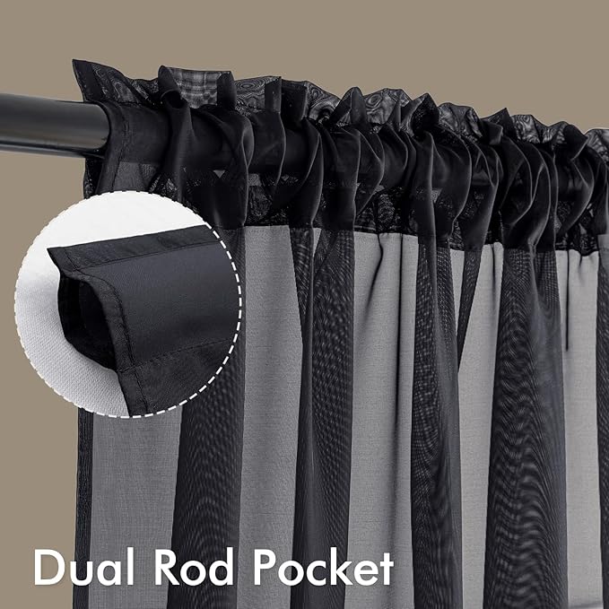 MIULEE Black Valance for Windows, 4 Panels Set, Light Filtering Small Short Valance Sheer Curtains for Living Room/Bedroom/Bathroom/Basement, 42W x 14 Inches