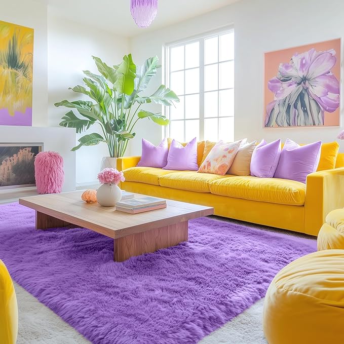 OLANLY Area Rugs for Living Room Bedroom, Machine Washable 4x5.9 ft Soft Fluffy Shaggy Bedside Rug, Indoor Floor Carpet for Kids Girls and Boys, Dorms, Nursery Rooms, Home Decor Aesthetic, Purple