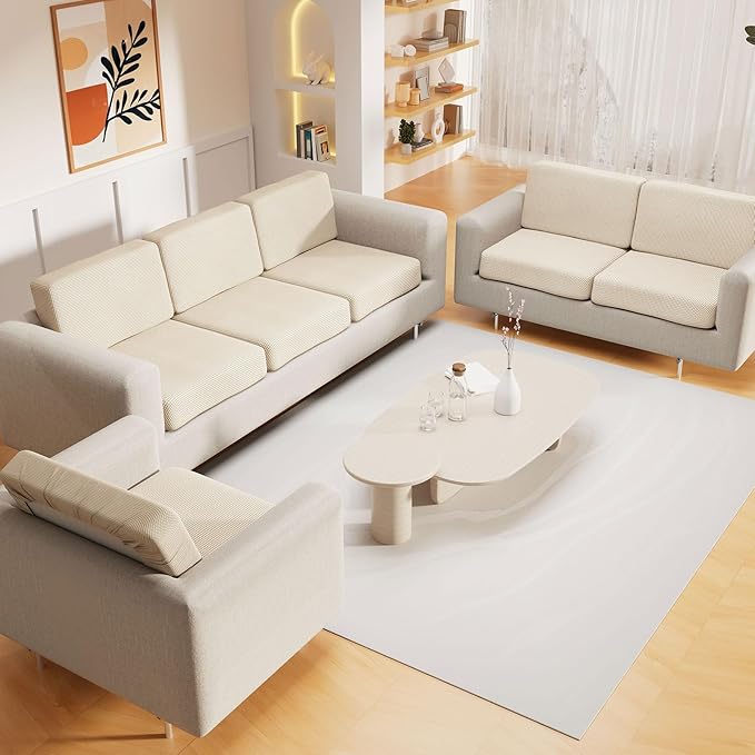 hyha Waterproof Couch Cushion Covers for Pets, Non Slip Sofa Seat Cover for Dogs Washable, Soft Thick Stretch Jacquard Fabric, Sofa Slipcovers with Elastic Bottom (1 Chaise+3 Seater, Light Beige)