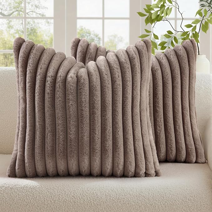 decorUhome Cozy Faux Fur Throw Pillow Covers 18x18 Set of 2 Decorative Soft Plush Striped Modern Farmhouse Boho Couch Pillow Cases with Velvet Back for Sofa Bed Living Room, Light Coffee