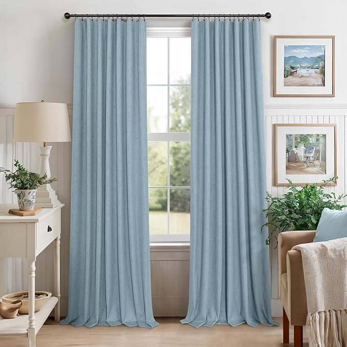 Light Blue Blackout Curtains 96 Inches Long for Living Room Country Rustic Faux Linen Black Out Thermal Insulated Darkening Curtain for Bedroom Patio Door 96 in Length 2 Panel Set Dusty Blue Grey Gray