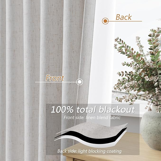 Guken Extra Long 100% Natural Blackout Curtains 144 Inch Length 2 Panels Set Back Tab Thermal Insulated Black Out Tall Windows Drapes 12 FT Length for High Ceiling Living Room, 52" W x 144" L