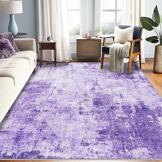 Washable Area Rugs 5'x8' Non-Slip Modern Abstract Soft for Living Room Entryway Bedroom Nursery, Print Pattern, Purple Gray Pink White