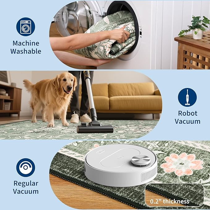 GarveeHome Sage Green 2x6 Washable Kitchen Runner Rugs Non Slip Provence Vintage Boho Cottage Long Rug for Hallways Bedroom Entryway Bathroom Mat with Rubber Back