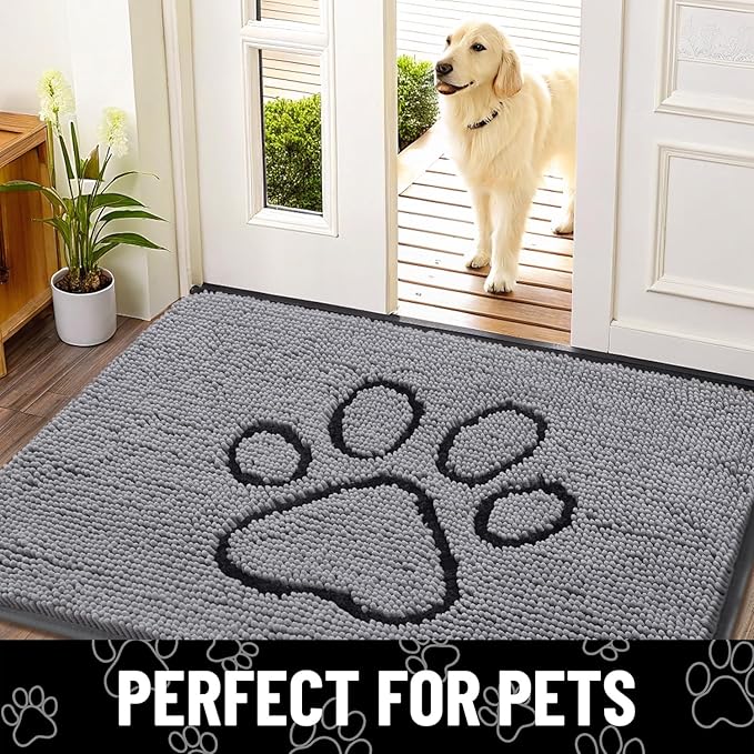 Smiry Dog Door Mat for Muddy Paws, Absorbent Dirt Trapper Non Slip Quick Dry Washable Chenille Mat for Mud Dogs, Entry Rug for Indoor and Outdoor (70x35 Inches, Grey and Black)