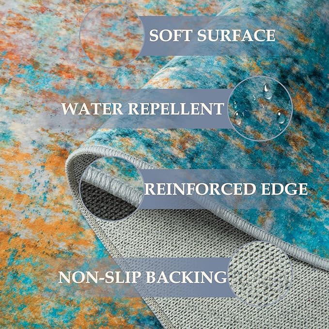Washable Area Rugs 7'x9' Non-Slip Modern Abstract Soft for Living Room Entryway Bedroom Nursery, Print Pattern, Teal Blue Green Orange Rust Red Coloreful