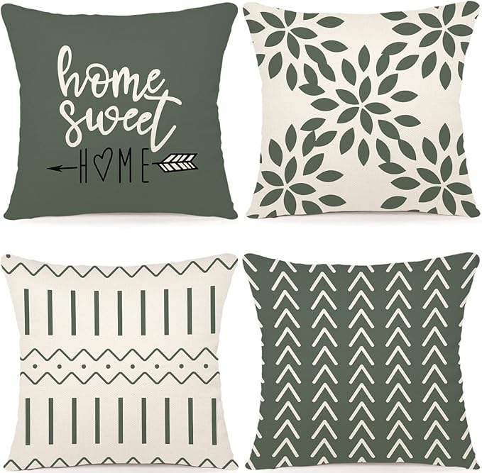 YCOLL Pillow Covers 18x18 Set of 4, Modern Sofa Throw Pillow Cover, Decorative Outdoor Linen Fabric Pillow Case for Couch Bed Car, Aqua Green