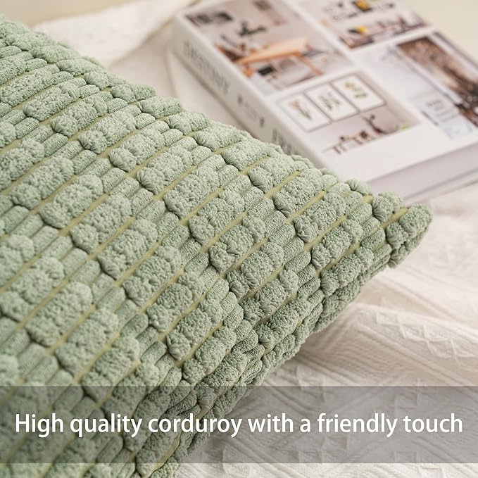 Pack of 2 Corduroy Decorative Throw Pillow Covers 16x16 Inch Soft Striped Pillow Covers Modern Farmhouse Home Decor for Sofa Living Room Couch Bed（Blackish Green）