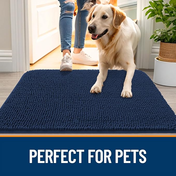 OLANLY Dog Door Mat for Muddy Paws 47x24, Absorbs Moisture and Dirt, Absorbent Non-Slip Washable Doormat, Quick Dry Chenille Mud Mat for Dogs, Entry Indoor Entryway Carpet for Inside Floor, Dark Blue