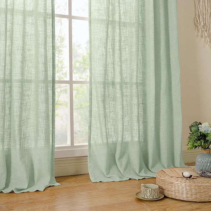 LAMIT 95 Inches Long Fresh Green Linen Curtains for Living Room, Back Tab and Rod Pocket Semi Sheer Curtains Light Filtering Farmhouse Drapes for Bedroom/Dining Room, Set of 2, 52 x 95 Inch