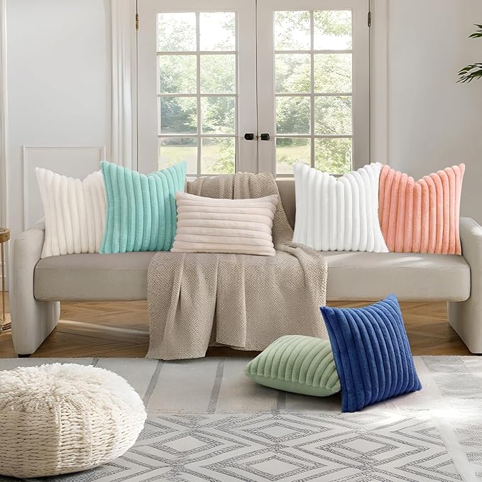 decorUhome Summer Cozy Faux Fur Throw Pillow Covers 12x20 Set of 2 Decorative Plush Striped Lumbar Modern Farmhouse Boho Couch Pillow Cases with Velvet Back for Sofa Bed Living Room, Blush Pink