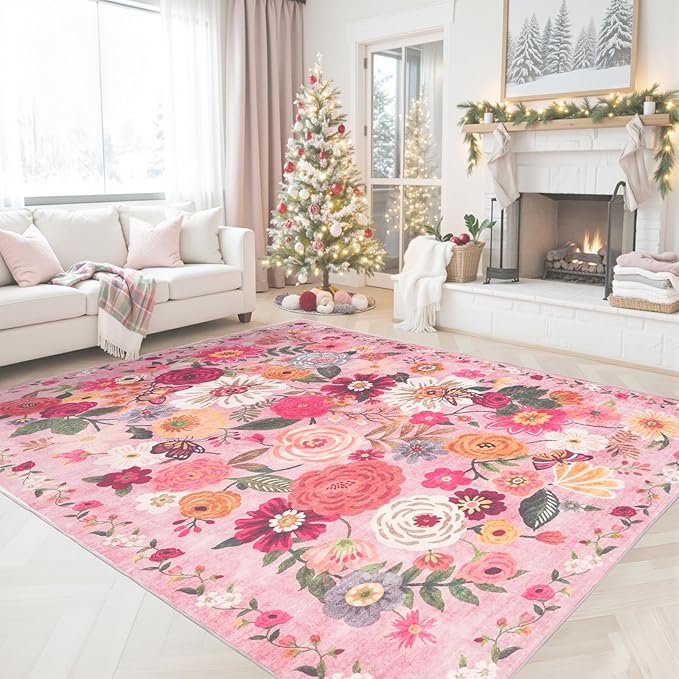 Pink Floral Girls Room Rug 5x7, Non-Slip Washable Rugs for Bedroom Living Room Nursery Kitchen Dining Room Indoor, Ultra-Thin Soft Stain Resistant Girls Room Decor(5 x 7, Pink Garden)