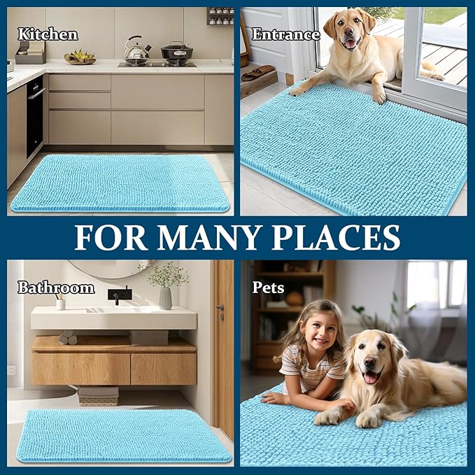 OLANLY Dog Door Mat for Muddy Paws 59x32, Absorbs Moisture and Dirt, Absorbent Non-Slip Washable Doormat, Quick Dry Chenille Mud Mat for Dogs, Entry Indoor Entryway Carpet for Inside Floor, Blue