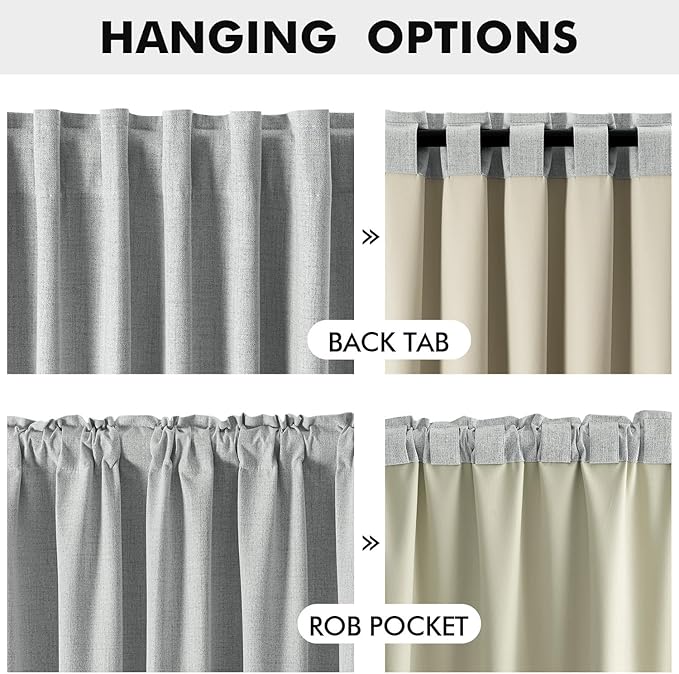 MIULEE 100% Blackout Linen Curtains for Bedroom, Grey Solid Luxury Decor Thermal Insulation Room Darkening Drapes for Living Room Nursery Back Tab Rod Pocket 42 x 63 Inches, 2 Panels