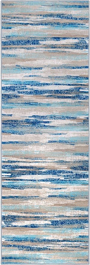 Lansny Modern Abstract Runner Rug 2x10, Blue Washable Long Kitchen Non-Slip Soft Hallway Thin Print Faux Wool Carpet for Entryway Bedroom Laundry Room Indoor Home Decor