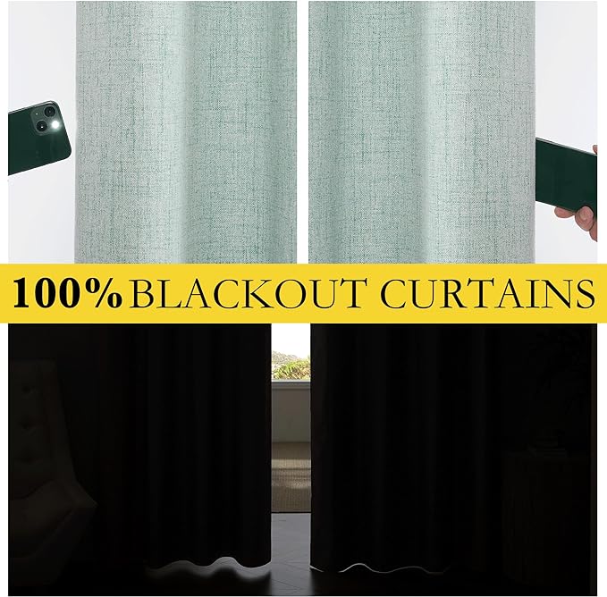 NICETOWN 100% Absolutely Blackout Linen Curtains with Thermal Insulated Liner, Seafoam Green, 62" Wide, 63" Length Energy Saving Curtains for Kitchen 2 Panels Set, Vertical Blinds