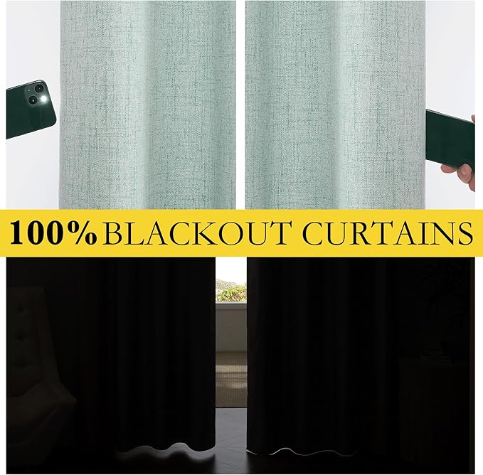 NICETOWN 100% Absolutely Blackout Linen Curtains with Thermal Insulated White Liner, Seafoam Green, 52" Wide, 120" Length Energy Saving Curtains for Living Room 2 Panels Set, Vertical Blinds