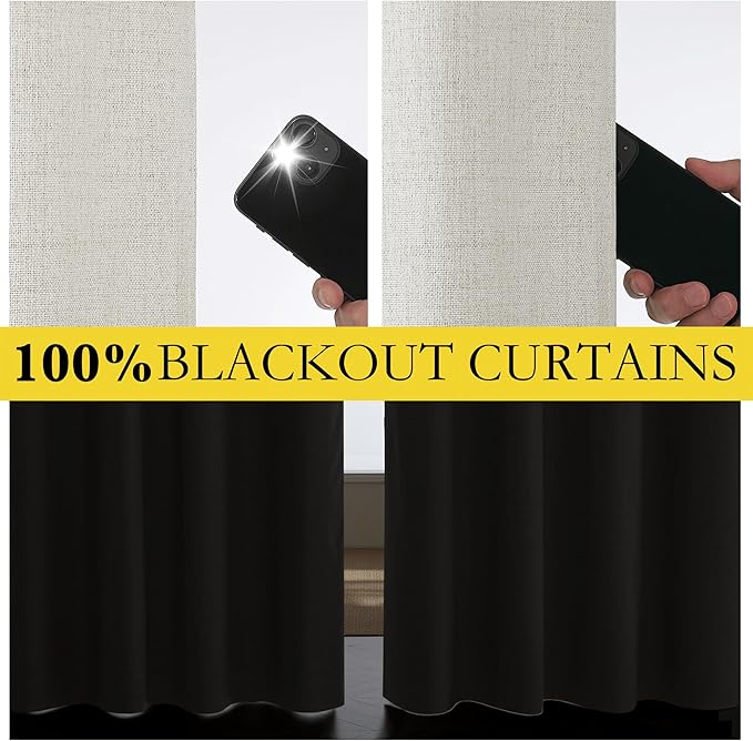 NICETOWN Snowbound Vintage Linen 100% Blackout Curtains for Living Room, Thermal Insulated Curtains 90" Long, Noise Reducing Window Treatment Drapes for Home Cinema, 52" Wide Per Panel, Set of 2
