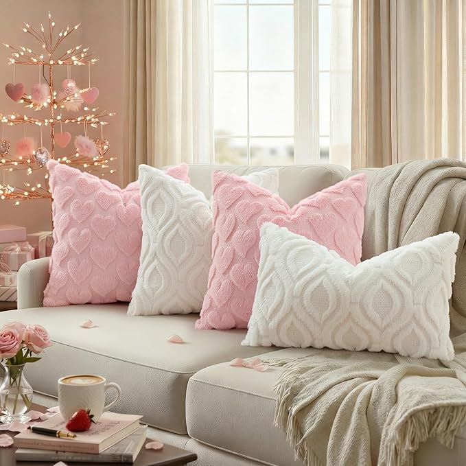 decorUhome Valentine’s Day Soft Plush Throw Pillow Covers 16x16 Inch Set of 2, Faux Fur Pink Heart Decoration Neutral Square Pillow Covers for Couch Sofa Bed Cozy Farmhouse Holiday Decor