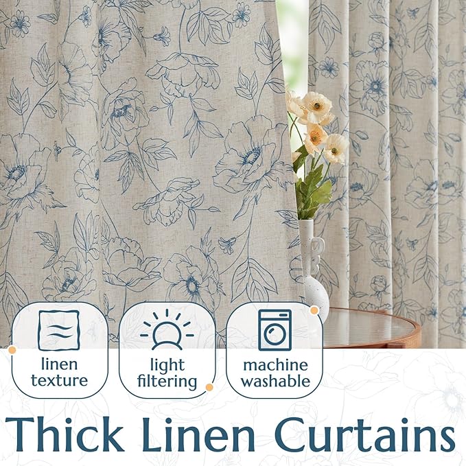 jinchan Floral Linen Curtains for Living Room 63 Inch Length Blue Flower Curtain Rod Pocket Back Tab Farmhouse Curtains with Printed Floral Bedroom Window Curtain Set, 2 Panels Blue