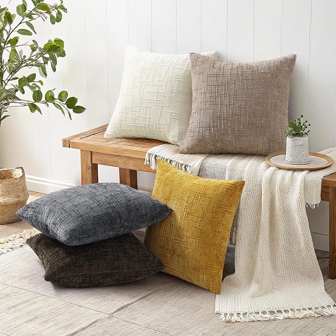 decorUhome Oatmeal Chenille Throw Pillow Covers 18x18 Set of 2 Textured Soft Cozy Slubby Couch Pillow Covers Modern Farmhouse Boho Decorative Pillow Cases for Bed Sofa Living Room