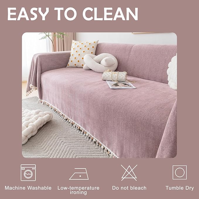 HANDONTIME Soild Couch Covers for Dogs Pink-Purple Sofa Covers Boho Cover for Sofa 3 Seats Chenille Sofa Throw Cover Mauve Sofa Covers for 3 Cushion Couch Tassel, Washable, Pet Friendly, 91" X118"