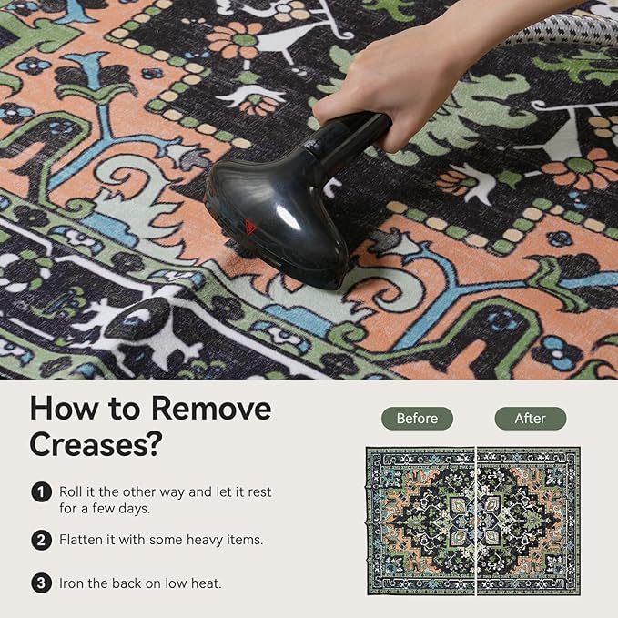 5x7 Area Rugs, Vintage Washable Area Rug for Living Room, Floral Boho Area Rugs for Bedroom, Office, Non-Slip Colorful Rug, Traditional Vintage Style, Plush Low-Pile Soft Carpet, Dark Green