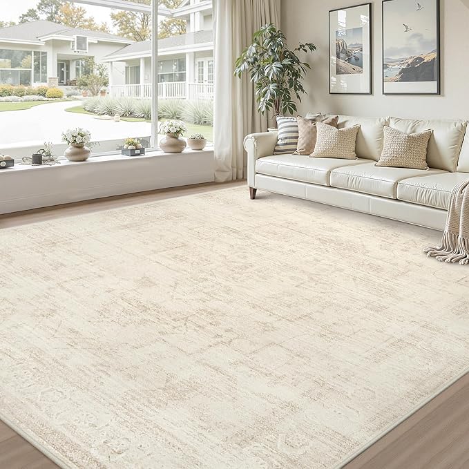 8x10 Area Rugs for Living Room: Vintage Boho Neutral Washable Rug Indoor Soft Large Area Rug Carpet for Bedroom Nursery Farmhouse Dining Room Office Floor Non-Slip Low Pile Under Table Rug Dark Beige