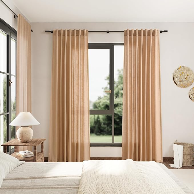 Camel Linen Curtains 84 Inches Long for Bedroom Back Tab Light Filtering Privacy Semi Sheer Drapes Modern Farmhouse Decor Camel Cotton Elegant for Living Room Curtain 2 Panels Set 52x84 Inch