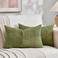 Fancy Homi 2 Packs Moss Green Long Lumbar Decorative Throw Pillow Covers 16x24 Inch for Couch Bed Sofa, Rustic Farmhouse Boho Home Decor, Soft Striped Corduroy Rectangle Accent Cushion Case 40x60 cm
