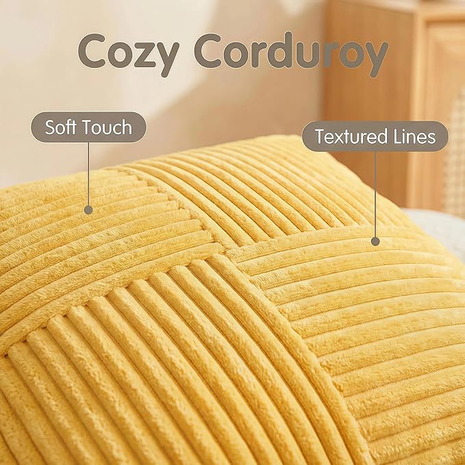 Fancy Homi 2 Packs Yellow Euro Decorative Throw Pillow Covers 26x26 Inch for Couch Bed Sofa, Rustic Farmhouse Boho Home Decor, Soft Corss Corduroy Patchwork Textured Square Cushion Case 66x66 cm
