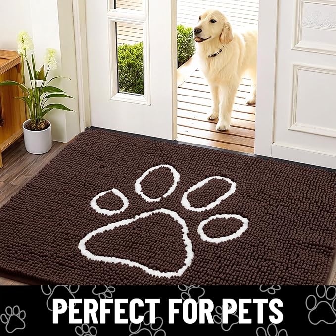 Smiry Dog Door Mat for Muddy Paws, Absorbent Dirt Trapper Non Slip Quick Dry Washable Chenille Mat for Mud Dogs, Entry Rug for Indoor and Outdoor (59x24 Inches, Brown and White)