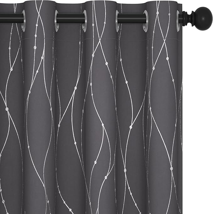Deconovo Short Curtains Grey, Blackout Kitchen Curtain, Thermal Insulated Soundproof Drapes, Wave Dots Foil Print, 52 x 45 Inches, 2 Panels, Machine‑Washable Privacy Window Panel for Nursery Office