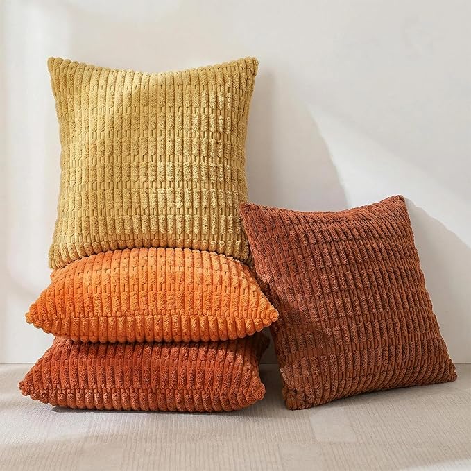 Fancy Homi Set of 4 Burnt Orange Fall Decorative Throw Pillow Covers 14x14 Inch for Couch Bed Chair, Modern Farmhouse Boho Room Decor, Soft Fuzzy Corduroy Textured Striped Cushion Case 35cm