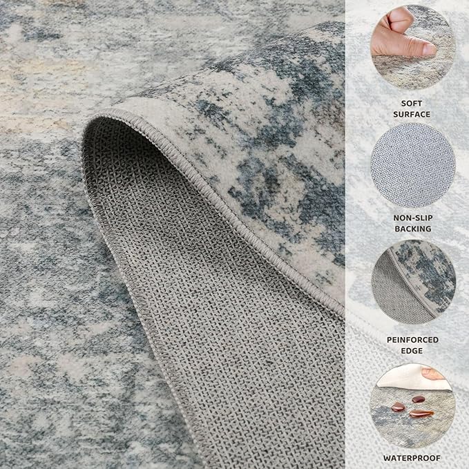 UERMEI 5ft Round Area Rug Living Room Rugs - 5x5 Washable Neutral Modern Abstract Soft Thin Rug Indoor Floor No Slip Rug Carpet for Bedroom Under Dining Table Home Office Decor - Blue Grey
