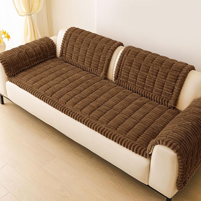hyha Couch Covers for Dogs Washable, Non Slip Plush Dog Sofa Protectors, Fuzzy Pet Couch Covers for 3 Cushion Sofa Pet Friendly (Brown, 27.6" x 70.9")