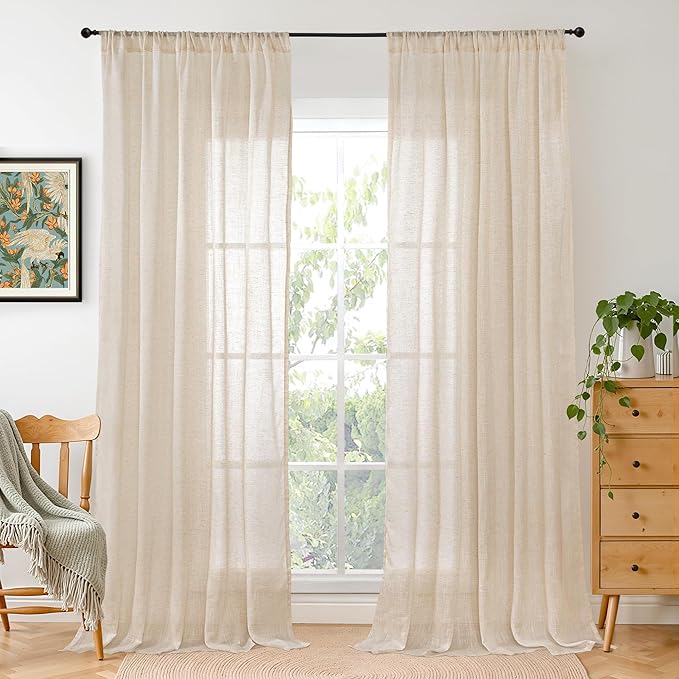 BGment Burlap Linen Curtains 84 Inch Length for Living Room - Tan Light Filtering Semi Sheer Natural Drapes with Rod Pocket Lightweight Window Treatments for Bedroom Farmhouse, 2 Panels, 52 X 84 Inch