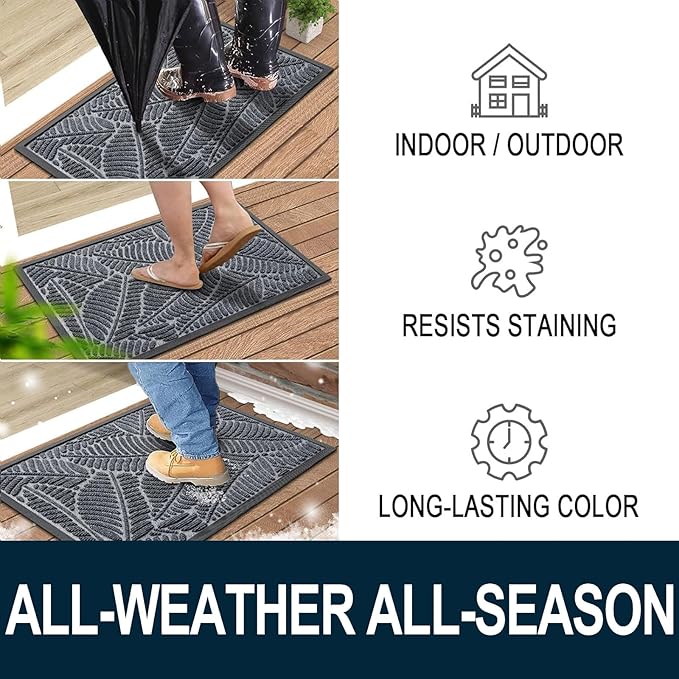 Colorxy Waterproof Doormat, Sturdy Natural Rubber Front Indoor Mat, Non Slip Low Profile Indoor Outdoor Door Mats, Stain and Fade Resistant Floor Mat, Easy Clean Patio Entrance Mat, 36''x24'', Grey