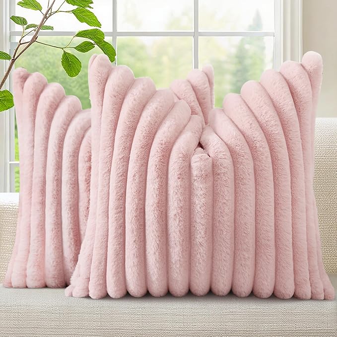 decorUhome Summer Cozy Faux Fur Throw Pillow Covers 20x20 Set of 2 Decorative Soft Plush Striped Modern Farmhouse Boho Couch Pillow Cases with Velvet Back for Sofa Bed Living Room, Pink