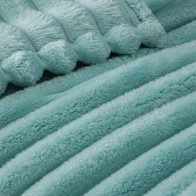 Exclusivo Mezcla Fleece Throw Blanket for Couch, Super Soft Striped Jacquard Bed Blanket, Lightweight Fuzzy Cozy for All Seasons, 50x60 Inches, Celadon