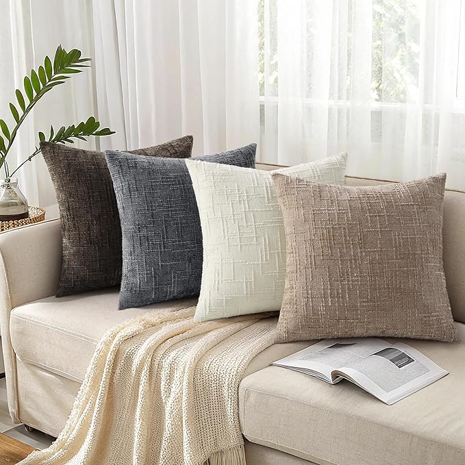 decorUhome Oatmeal Chenille Throw Pillow Covers 16x16 Set of 2 Textured Soft Cozy Slubby Couch Pillow Covers Modern Farmhouse Boho Decorative Pillow Cases for Bed Sofa Living Room