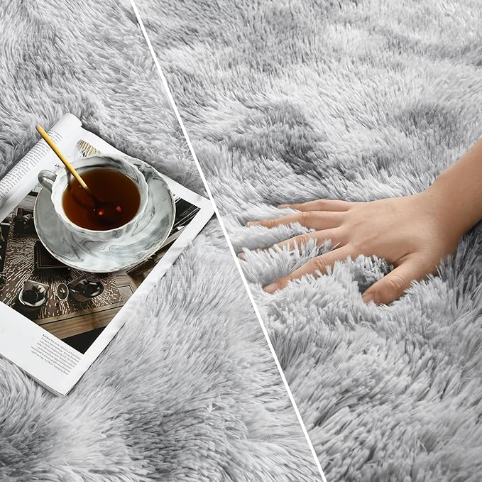 Deerhoo Large Shag Area Rugs 5 x 8, Tie-Dyed Plush Fuzzy Rugs for Living Room, Ultra Soft Fluffy Furry Rug for Bedroom, Indoor Carpet Nursery Rugs for Kids Room Home Decor, Light Grey