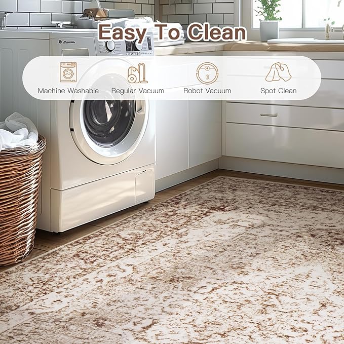 Lofus 3x5 Area Rugs for Living Room, Machine Washable Area Rug, Soft Small Rugs for Bedroom, Kitchen, Office and Indoor, Vintage Boho Carpet, Non-Slip Low Pile Carpets, Vintage Beige Brown