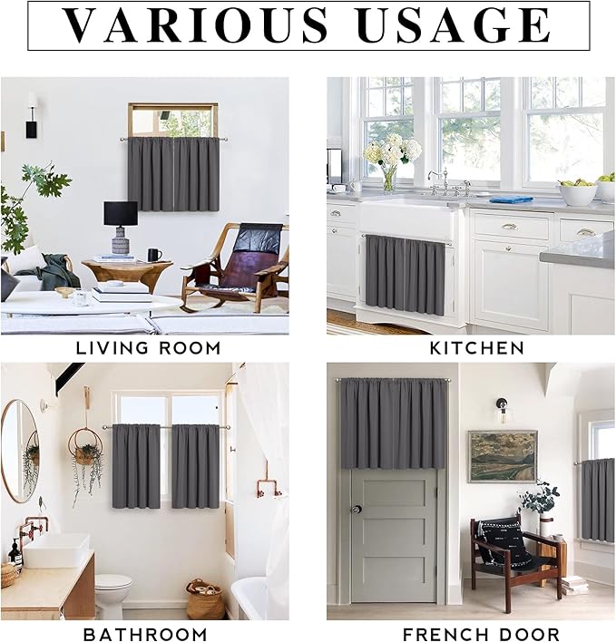RYB HOME Half Curtain Tiers 36 inch Length, Rod Pocket Summer Heat Blocking Thermal Insulated Short Blackout Curtains for Small Window, Width 34 by Length 36, Grey, 2 Panels